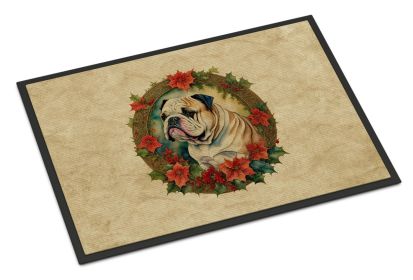 English Bulldog Christmas Flowers Doormat Front Door Mat Indoor Outdoor Rugs for Entryway, Non Slip Washable Low Pile, 24H X 36W