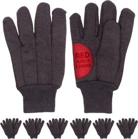 12 Pack Red Fleece Lined Brown Jersey Gloves 10" Winter Work Gloves 16OZ with Elastic Wrist Gunn Cut Pattern; Plain Breathable Glove; Protective Indus