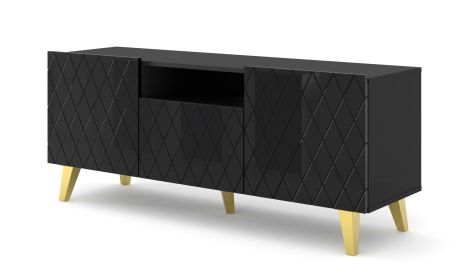 Diuna tv stand 145 2D1K / 56,9 in black / black gloss / gold leg