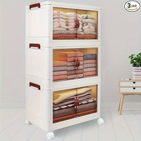 3 stackable and foldable storage boxes with lids and wheels, foldable plastic drawer organizer, suitable for wardrobes, homes, offices, dormitories,