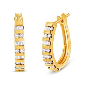 10K Gold Round and Baguette-Cut Diamond Hoop Earrings (I-J Color, I2-I3 Clarity) (Metal Color: Yellow, Total Carat Weight: 1)