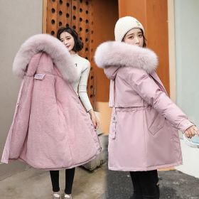 2022 New Winter Jacket Women Parka Fashion Long Coat Wool Liner Hooded Parkas Slim With Fur Collar Warm Snow Wear Padded Clothes (Color: Pink, size: XL)